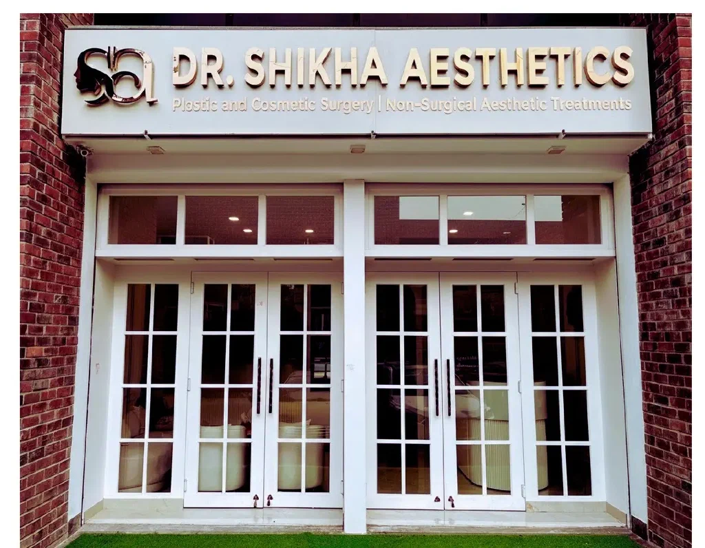 Dr. Shikha Aesthetics clinic exterior — modern facade with elegant signage